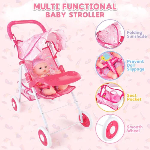 Vista 3 de deAO Juego de cochecito de muñeca de bebé de 12 pulgadas con cochecito de muñeca plegable, 15 piezas, accesorios para muñecas de bebé para niños