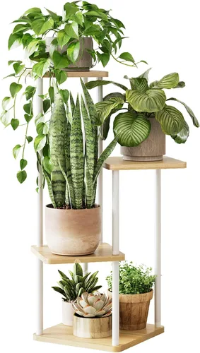 Vista 14 de GENTINGBRO Soporte alto para plantas de interior de 4 niveles para múltiples plantas, soporte de madera para plantas, estante de madera, estantería