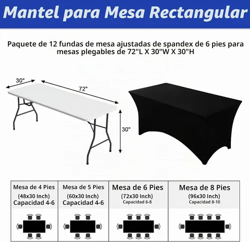Vista 3 de Fixwal Paquete de 12 Cubiertas de Mesa de Spandex Negro para Mesas de 6 Pies, Fundas de Mesa Rectangulares Ajustadas Elásticas para Bodas