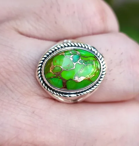 Vista 6 de Navya Craft Green Copper Turquoise Ring, 925 Sterling Silver Statement Promise Ring for Women, Natural Turquoise Oval Gemstone Handmade Boho