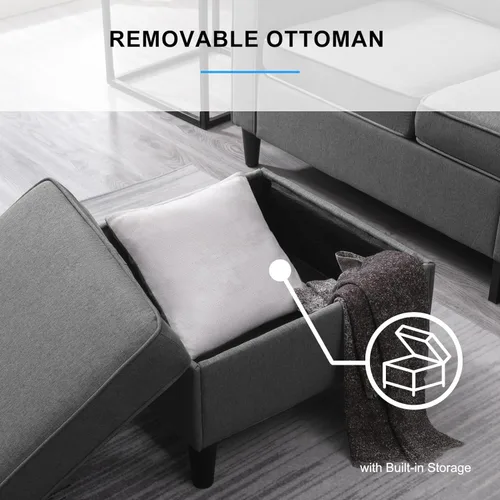 Vista 3 de PUREMIND Juego de sofá de 2 piezas para sala de estar, moderno sofá en forma de L y sofá biplaza con otomana de almacenamiento y bolsillo lateral