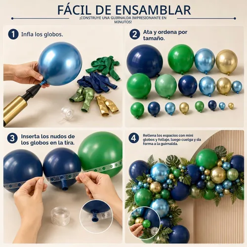Vista 7 de Kit de guirnalda de globos azules y verdes de 134 piezas, kit de arco de globos azul marino, verde oscuro y dorado con globos cromados metálicos