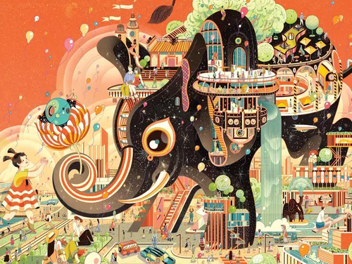Vista 2 de New York Puzzle Company - Victo Ngai The Great Elephant - Rompecabezas de 1000 piezas para adultos por Victo Ngai