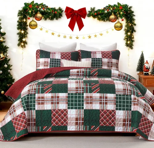 Vista 10 de DJY Juego de edredón navideño tamaño queen, patrón de renos y árboles de Navidad, juego de ropa de cama navideña, suave microfibra verde y blanco