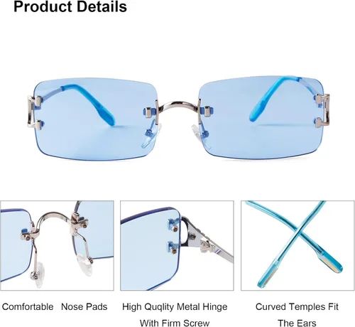 Vista 5 de Laurinny Gafas de sol rectangulares retro para mujeres y hombres, gafas sin montura de los años 90, lentes teñidas de metal, color caramelo