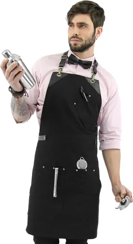Vista 2 de Under NY Sky Delantal de barista, correas de cuero negro y refuerzo, bolsillos remachados, doble costura, lazo de anillo de cuero, sarga negra