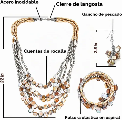 Vista 3 de Beaded Necklace, Earrings and Bracelet Jewelry Set for Women Beige