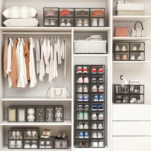 Vista 7 de Paquete de 12 cubos de almacenamiento de zapatos, organizador de zapatos apilable de plástico transparente para armario, zapatero plegable que