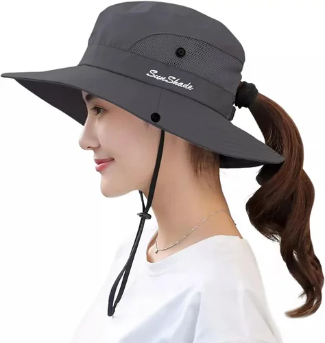 Vista 31 de Sombrero de pesca de playa de ala ancha para mujer, con protección UV, plegable, con agujero para cola de caballo