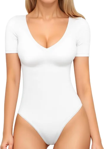 Vista 11 de MANGOPOP Body de manga larga y manga corta para mujer, cuello en V sexy, bodys ajustados para otoño, tops para salir 01-manga larga negro