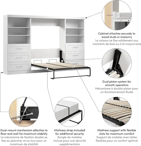 Vista 5 de Bestar Pur - Cama Murphy completa y 2 estanterías con cajones, cama de pared que ahorra espacio de 131 pulgadas