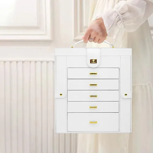 Vista 8 de AKOZLIN - Organizador de joyería extra grande de 6 niveles con espejo, estuche de joyería de cuero con 5 cajones para mujeres y niñas, para anillos