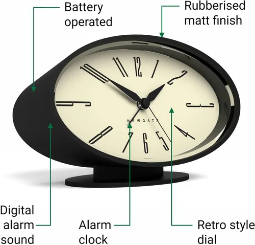 Vista 5 de NEWGATE® Ronnie - Reloj despertador, diseño retro ovalado, acabado de goma suave negro, ideal para mesita de noche, escritorio o estante, accesorio