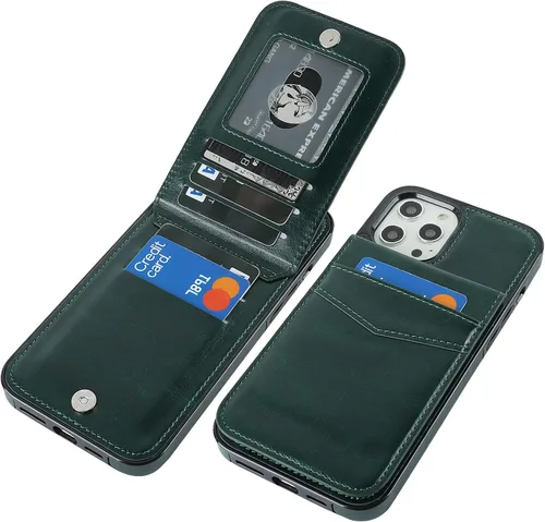 Vista 11 de KIHUWEY - Funda tipo cartera para iPhone 12 Pro Max, soporte para tarjetas, color negro Ranuras para tarjetas de crédito, piel sintética, cierre
