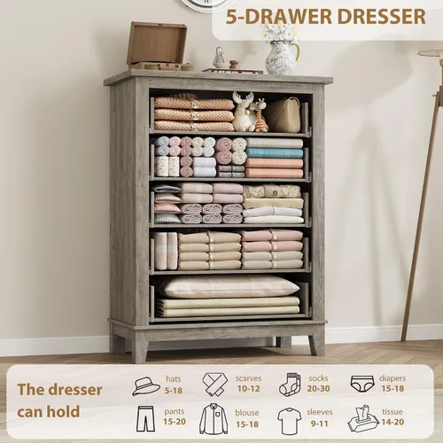 Vista 7 de GarveeHome Cómoda de 5 cajones verticales de 41.3 pulgadas de alto con gran almacenamiento, cómoda de madera independiente para dormitorio, sala