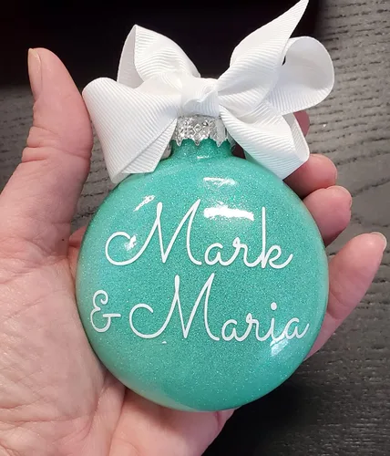 Vista 4 de Adorno de Navidad personalizado relleno de purpurina hecho a medida, regalo ideal para fiesta de intercambio de regalos de oficina (Aqua)