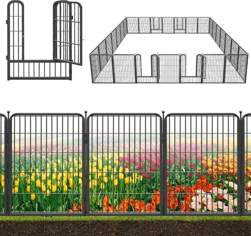 Vista 21 de Valla decorativa de metal negro para jardín con puerta, 4.5 pies de largo x 32 pulgadas de alto, 2 paneles de valla sin excavación, valla de barrera