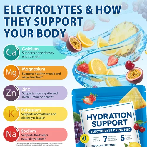 Vista 2 de Paquetes de polvo de electrolitos de frutas orgánicas, hidratación intravenosa diaria con 7 electrolitos esenciales y 5 vitaminas, sin azúcar y cero