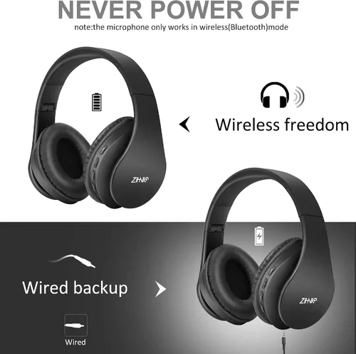 Vista 3 de ZIHNIC Auriculares Bluetooth sobre la oreja, auriculares estéreo inalámbricos y con cable plegables micro SD/TF, FM para teléfono celular, PC