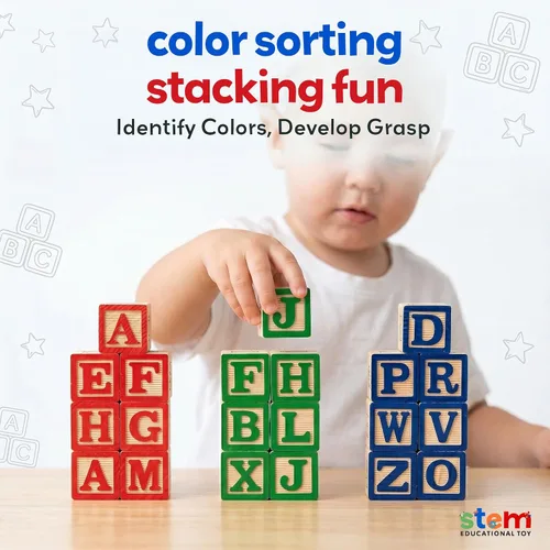 Vista 10 de 30 bloques con letras de colores de Skoolzy Juguete de construcción en madera ABC, para bebés, guarderías y preescolar Bloques de madera de lectura