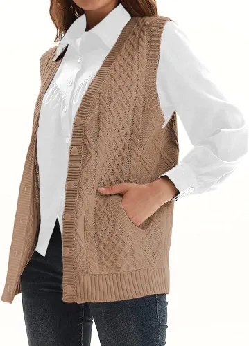 Vista 2 de Suéter de punto para mujer, cuello en V, sin mangas, cárdigan con botones, suéter con bolsillo