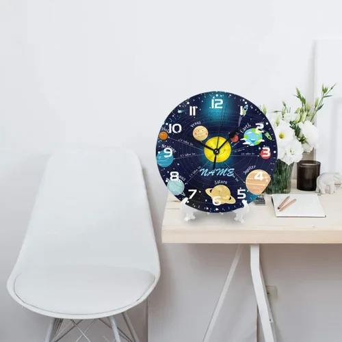 Vista 4 de Reloj de pared personalizado con diseño de planeta y galaxia para habitación de niños, reloj de pared personalizado con nombre de niño, regalo