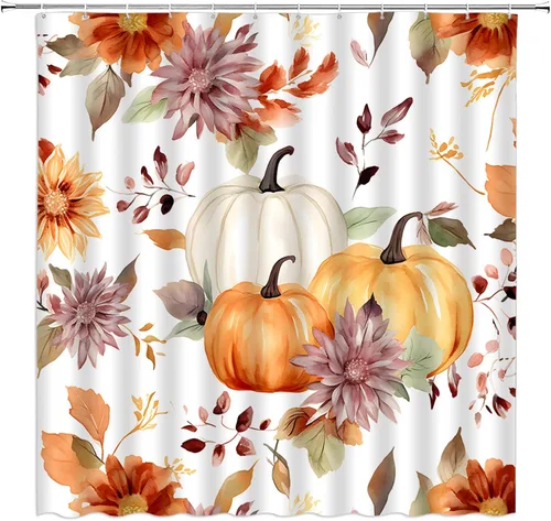 Vista 2 de Cortina de ducha de calabaza bohemia con acuarela, hojas florales, rústico, otoño, cosecha, granja, temporada, decoración de baño, juegos de baño