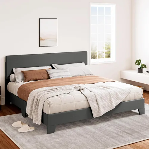 Vista 9 de SHA CERLIN - Marco de cama tapizado de tamaño King en color gris oscuro con cabecero ajustable, soporte de listones de madera, no necesita somier