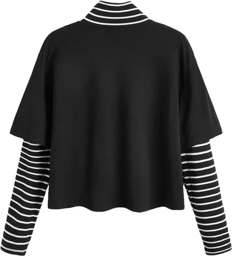 Vista 2 de SweatyRocks - Camiseta corta para mujer, manga larga a rayas, con estampado de mariposas y bloque