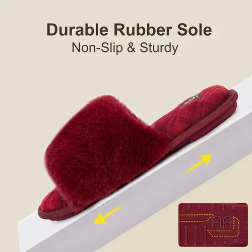 Vista 6 de LongBay Pantuflas de espuma viscoelástica de piel sintética para mujer, cómodas y planas, con puntera abierta, cómodas sandalias de casa