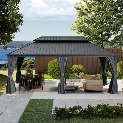 Vista 52 de Domi - Cenador de techo rígido de 8 x 8 pies con malla y cortinas, cenador para exteriores con techo doble de acero galvanizado para patio, césped