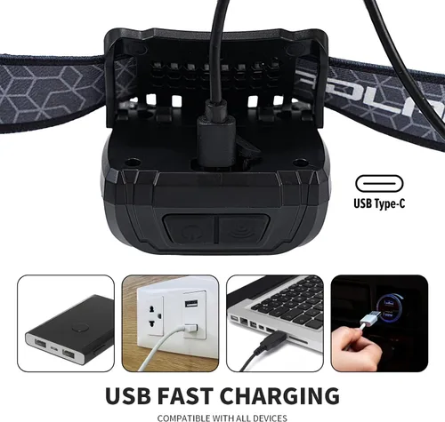 Vista 4 de Lámpara frontal para exteriores, recargable USB-C, 6 modos, más de 1000 lúmenes, linterna impermeable IPX5, iluminación continua de 12 horas, ideal