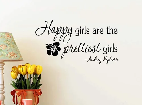 Vista 2 de #2 Happy Girls are The Prettiest 23 x 12 - Calcomanía de vinilo con cita para pared, diseño de sonrisa de Hepburn, diseño motivacional