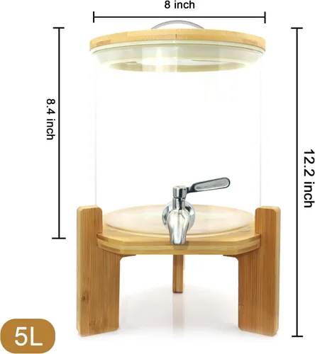 Vista 3 de Dispensador de bebidas de vidrio con soporte, dispensador de bebidas de vidrio de 1.5 galones, dispensador de bebidas con soporte de madera, grifo