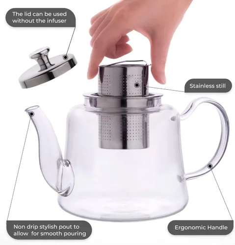 Vista 3 de Aserson Tetera de vidrio de 37.2 fl oz/37 oz, resistente al calor, infusor de acero inoxidable, hecha a mano, cafetera de té de hojas, vidrio