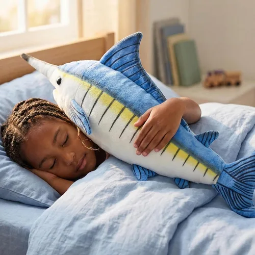 Vista 6 de Juguete de peluche de pez Marlin de simulación, animales realistas de 18.5 pulgadas, animales de peluche azul Marlin, muñecas de felpa súper suaves