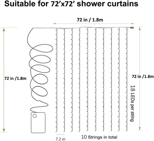Vista 10 de Solhice Luz de cortina para ducha, 180 LEDs impermeables con batería, luces de hadas para cortina de 72 x 72 pulgadas con 10 ganchos para ducha