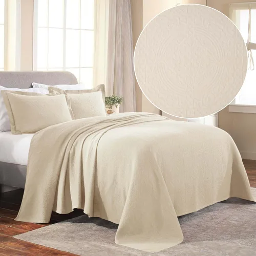 Vista 3 de Superior Juego de colcha de algodón con diseño de flor de lis, mantas cálidas, ropa de cama para todas las estaciones, decoración de dormitorio