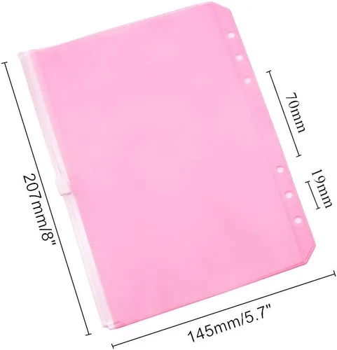 Vista 2 de Bolsillos para carpeta A5, color rosa, 12 unidades, con cremallera, bolsas de hojas sueltas, 6 agujeros, organizador de cremallera de PVC, carpeta