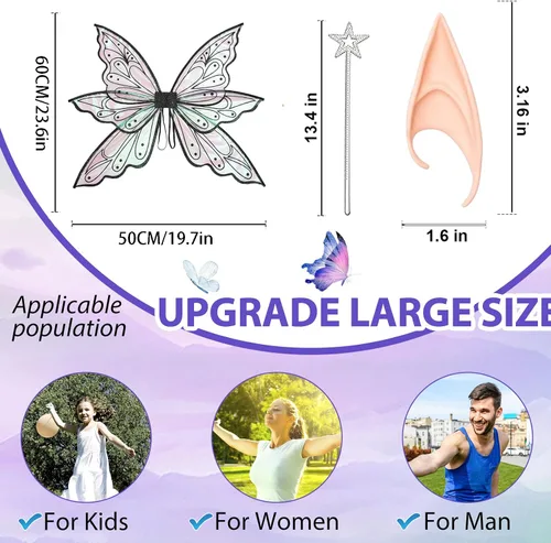 Vista 6 de Alas grandes de hadas doradas para adultos, alas transparentes y brillantes, disfraz de hada de mariposa, disfraz de Halloween, alas de ángel