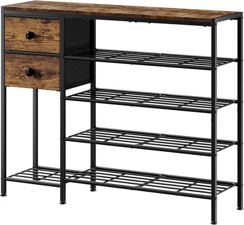 Vista 9 de Zapatero de 5 niveles con 2 cajones de tela, organizador de zapatos con estructura metálica y tablero de madera para 16-20 pares de zapatos, estante