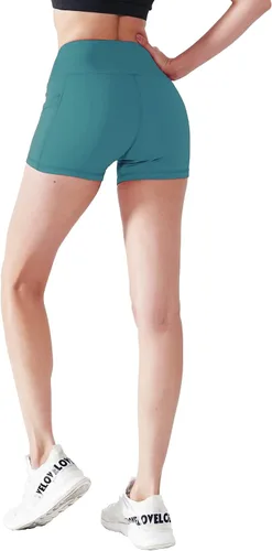 Vista 4 de CADMUS - Pantalones cortos deportivos de tiro alto para mujer, para yoga, acondicionamiento físico y correr, con bolsillos profundos