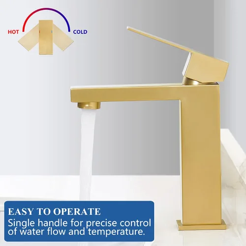 Vista 3 de Tohlar Grifo de baño dorado, grifo dorado cepillado para fregadero de baño, grifo de baño dorado de un solo agujero, moderno grifo de lavabo