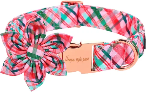 Vista 15 de Unique style paws Collar de perro de algodón con lazo, collar para cachorro con cuadrícula negra y azul para perros pequeños, medianos y grandes