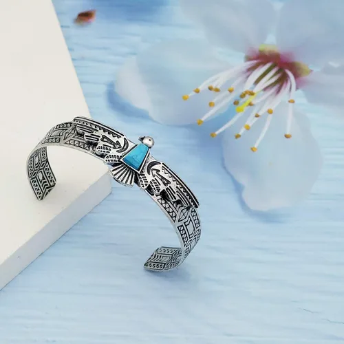 Vista 3 de RechicGu Vintage Tribal Southwest Turquía águila tallada piedra azul vaquera azteca vaquera nativa americana brazalete abierto brazalete brazalete
