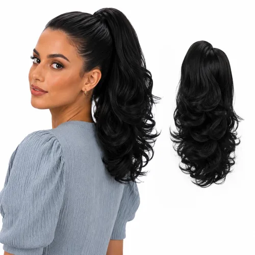 Vista 28 de PRETTYSHOP - Extensión de cabello rizado voluminoso, cola de caballo de 14 pulgadas con clip, resistente al calor