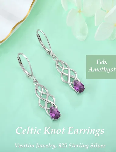 Vista 5 de Sterling Silver Celtic Knot Earrings for Women Birthstone Jewelry 02-Amatista-Febrero
