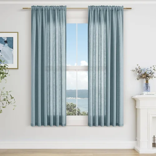 Vista 130 de Cortinas de lino verde aguamarina de 84 pulgadas de largo, juego de 2 paneles semitransparentes con bolsillo para barra para comedor, decoración