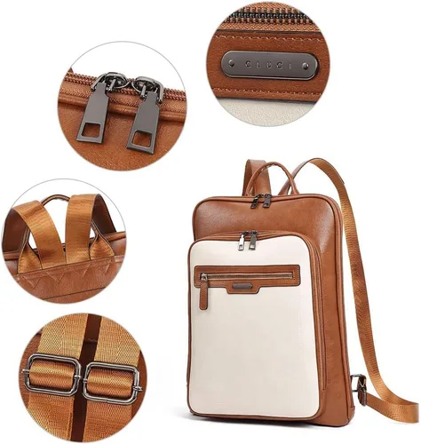 Vista 5 de CLUCI Mochila de cuero para computadora portátil de 15.6 pulgadas para mujer, mochila grande de viaje para negocios, trabajo, color blanco roto