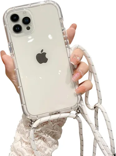 Vista 6 de Funda transparente para iPhone 12 Pro Max con cordón cruzado, delgada, translúcida, a prueba de golpes, suave, con correa de hombro ajustable